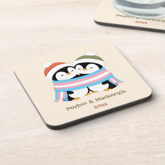 Aangepaste Knusse Trans Pinguïns Kerstmis Bier Onderzetter (Linkerzijde)
