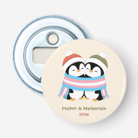 Aangepaste Knusse Trans Pinguïns Kerstmis Button Flesopener (Voorkant)