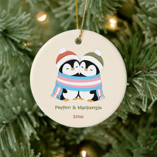 Aangepaste Knusse Trans Pinguïns Kerstmis Keramisch Ornament (Boom)