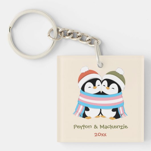 Aangepaste Knusse Trans Pinguïns Kerstmis Sleutelhanger (voorkant)