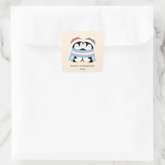 Aangepaste Knusse Trans Pinguïns Kerstmis Vierkante Sticker (Tas)