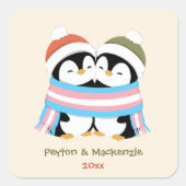 Aangepaste Knusse Trans Pinguïns Kerstmis Vierkante Sticker (Voorkant)