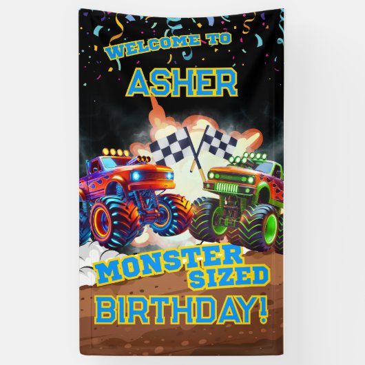 Aangepaste koele monstertruck jongens verjaardag spandoek (Verticaal)
