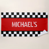 Aangepaste koele zwart wit geruite vlag op rood strandlaken (Voorkant)