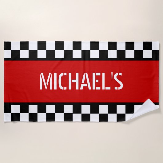 Aangepaste koele zwart wit geruite vlag op rood strandlaken (Voorkant)