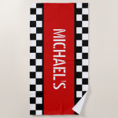 Aangepaste koele zwart wit geruite vlag op rood strandlaken (Voorkant)