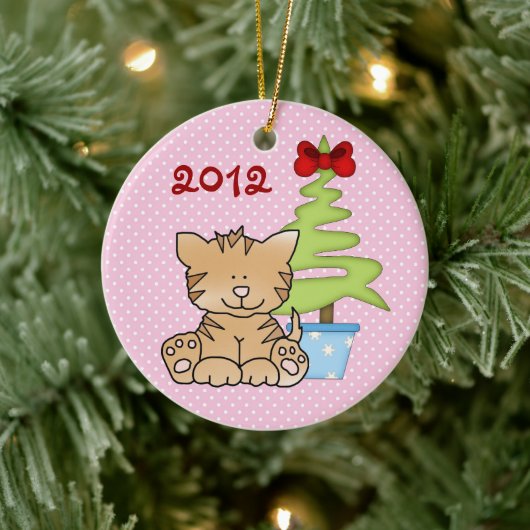 Aangepaste koffiekat en kerstboom op roze keramisch ornament (Boom)