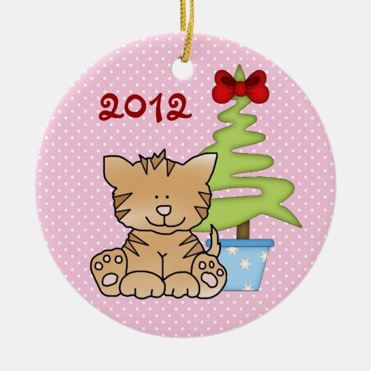 Aangepaste koffiekat en kerstboom op roze keramisch ornament (Voorkant)