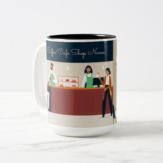 Aangepaste koffiewinkel tweekleurige koffiemok (Voorkant links)