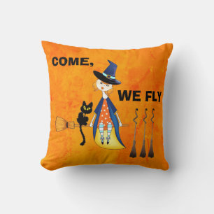 Aangepaste KOM, WE Vliegen Heks Kat Oranje Decorat Kussen
