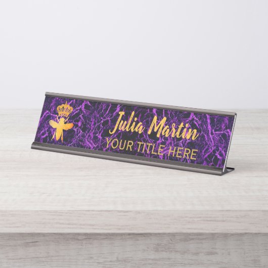 Aangepaste KONINGENBEE Zwarte Paarse naamplaathoud Bureau Naambordje (Voorkant)