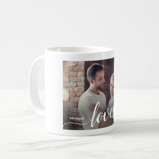 Aangepaste Koppels Foto Liefde Script Koffiemok (Voorkant links)