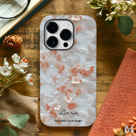 Aangepaste Koraal Geborduurde Bloemen met Quote Case-Mate iPhone 14 Pro Hoesje