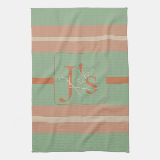 Aangepaste Koraal Salie Streep Monogram Boho Paste Theedoek (Verticaal)