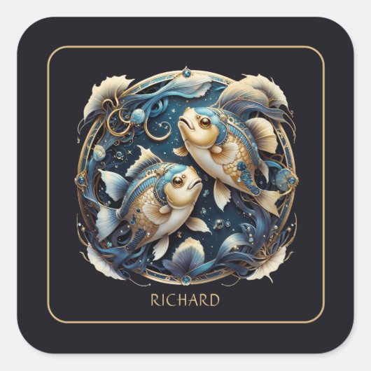 Aangepaste Kosmische Vis Zodiac-teken Zwart Goud V Vierkante Sticker (Voorkant)