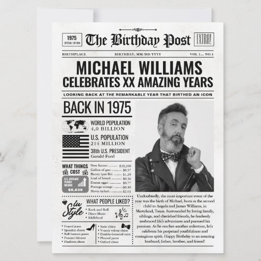 Aangepaste Krant Verjaardagskaart 1975, Trend Feestdagenkaart (Voorkant)