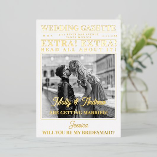 Aangepaste krantenfoto unieke bruidsmeisje-aanzoek folie uitnodiging (Staand Voorkant)