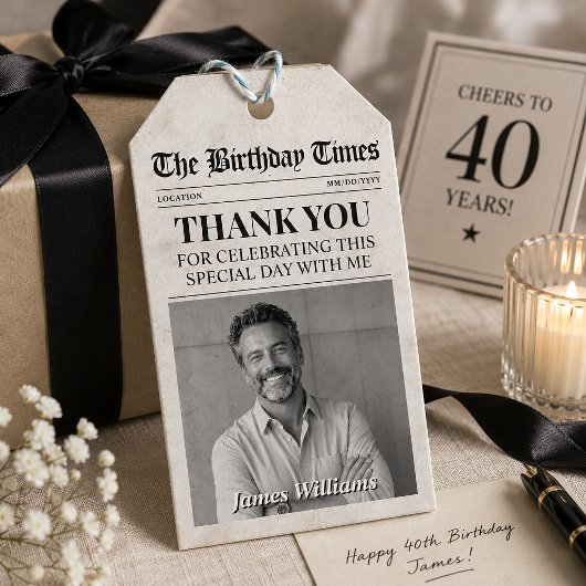 Aangepaste krantentag met foto, verjaardagskrant cadeaulabel