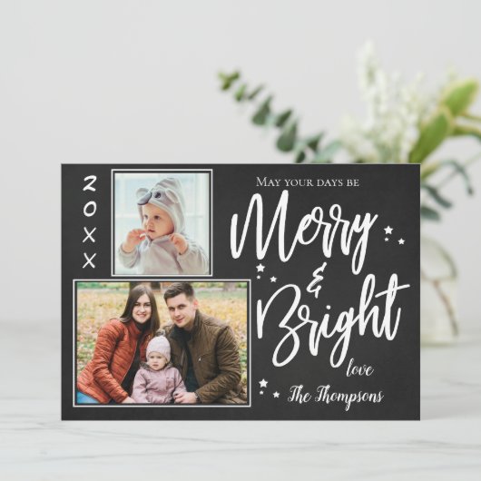 Aangepaste krijtbord MERRY en BRIGHT Multi Photo Feestdagenkaart (Staand voorkant)