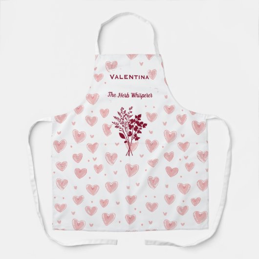 Aangepaste kruidenfluisteraar met roze harten en k schort (Voorkant)