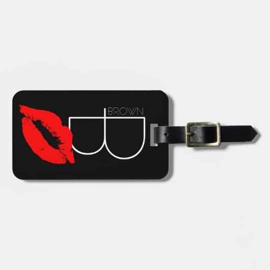 Aangepaste kus Lips Black Red Lipstick Bruin Monog Bagagelabel (Voorkant horizontaal)