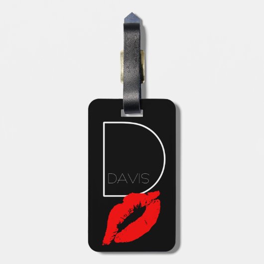 Aangepaste kus Lips Black Red Lipstick Davis Monog Bagagelabel (Achterkant verticaal)