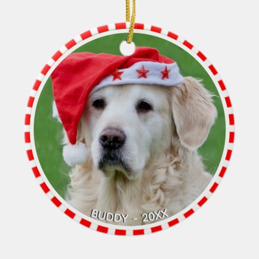 Aangepaste labrador Dog-foto met rood en wit Lijst Keramisch Ornament (Voorkant)