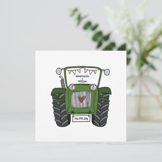 Aangepaste landelijke trouwfeest groene tractor av kaart (Staand voorkant)