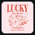 Aangepaste Las Vegas Bachelorette Party gepersonal Vierkante Sticker<br><div class="desc">Creëer een onvergetelijke touch voor uw Las Vegas vrijgezellenfeest met onze "Lucky in Love" Custom Las Vegas vrijgezellenfeest gepersonaliseerde vierkante Sticker. Ontworpen met thema's zoals "Cocktail Social Club" en een levendig rood en roze social club bach motief, deze stickers voegen een luxe gevoel toe aan uw evenement. Perfectioneer voor het...</div>