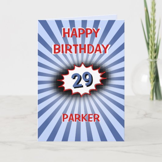 Aangepaste leeftijdsnaam blauwe retro verjaardag kaart (Voorkant)
