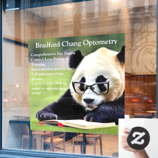 Aangepaste leesbril panda optometrie kantoor voorz raamsticker (Cafe Raam)