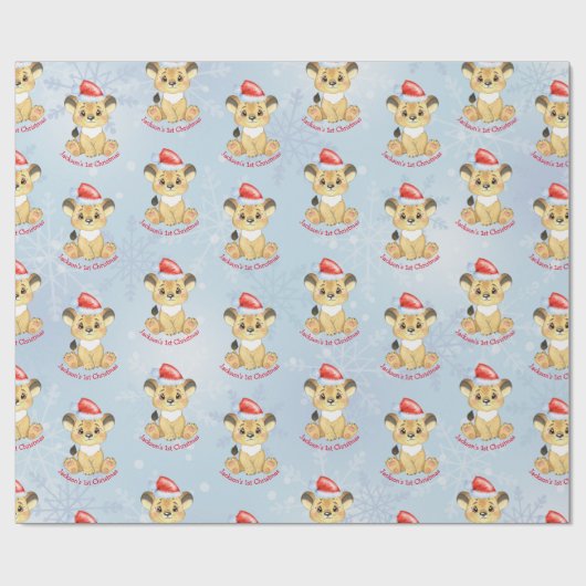 Aangepaste leeuw, eerste Kerstmis, Baby Blue  Cadeaupapier (Vlak)