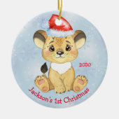 Aangepaste leeuw, eerste Kerstmis, Baby Blue Keramisch Ornament (Voorkant)