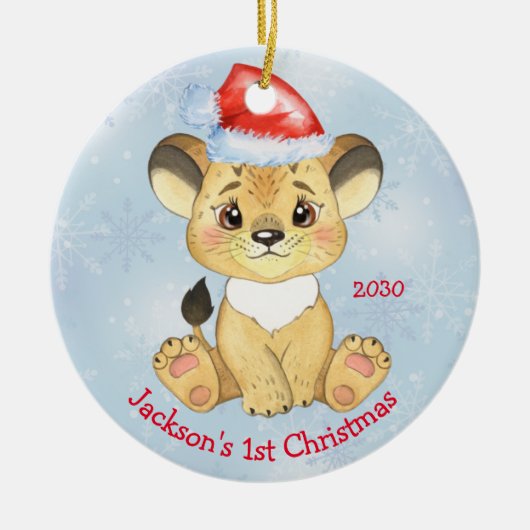 Aangepaste leeuw, eerste Kerstmis, Baby Blue Keramisch Ornament (Voorkant)