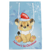 Aangepaste leeuw, eerste Kerstmis, Baby Blue  Medium Cadeauzakje (Achterkant)