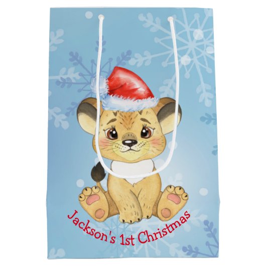 Aangepaste leeuw, eerste Kerstmis, Baby Blue  Medium Cadeauzakje (Achterkant)