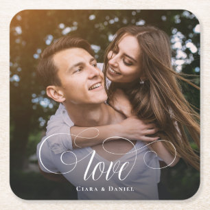 Aangepaste legant-kalligrafie-paar-bruiloft foto kartonnen onderzetters