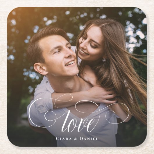 Aangepaste legant-kalligrafie-paar-bruiloft foto kartonnen onderzetters (Voorkant)
