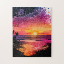 Aangepaste legpuzzel Waterverf strand zonsondergan