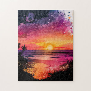Aangepaste legpuzzel Waterverf strand zonsondergan
