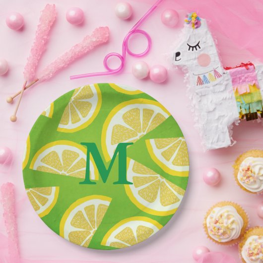 Aangepaste Lemon Slicten op Linggroene achtergrond Papieren Bordje (Feest)