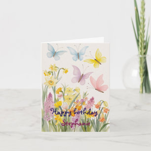 Aangepaste lente bloemen en vlinder verjaardag kaart