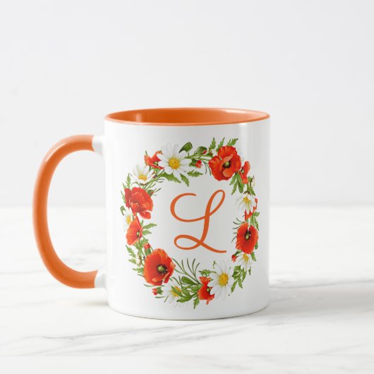 Aangepaste lentepoppies Daisies Monogram WreatArt Mok (Links)