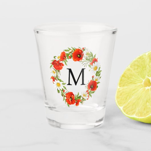 Aangepaste lentepoppies Daisies Monogram Wreate Shot Glas (Voorkant)