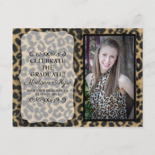 Aangepaste Leopard Print Foto Graduation Party Uitnodiging Briefkaart (Voorkant)