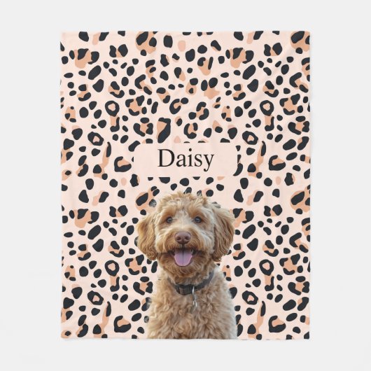 Aangepaste Leopard Print Hondenfoto met naam Fleece Deken (Voorkant)