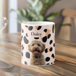 Aangepaste Leopard Print Hondenfoto met naam Koffiemok<br><div class="desc">Geniet van uw ochtendkoffie met een persoonlijk tintje met deze aangepaste mok met luipaardprint met een foto van uw geliefde hond en hun naam. Het trendy pastelroze luipaardprintontwerp voegt een stijlvolle flair toe, waardoor het een perfect cadeau is voor dierenliefhebbers en een unieke toevoeging aan uw keukengerei. Deze mok is...</div>