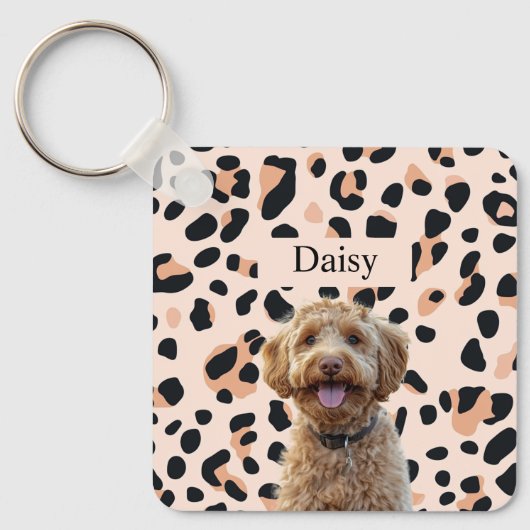 Aangepaste Leopard Print Hondenfoto met naam Sleutelhanger (Voorkant)