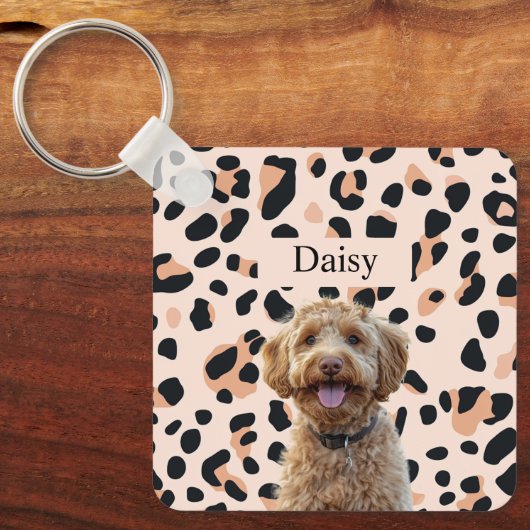 Aangepaste Leopard Print Hondenfoto met naam Sleutelhanger (Voorkant)