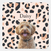 Aangepaste Leopard Print Hondenfoto met naam Vierkante Sticker (Voorkant)